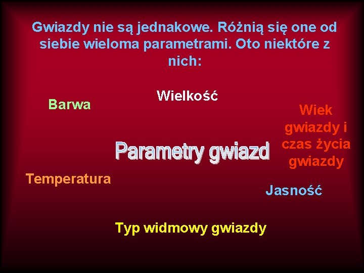 Gwiazdy nie są jednakowe. Różnią się one od siebie wieloma parametrami. Oto niektóre z