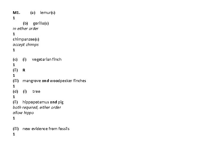 M 1. (a) lemur(s) 1 (b) gorilla(s) in either order 1 chimpanzee(s) accept chimps
