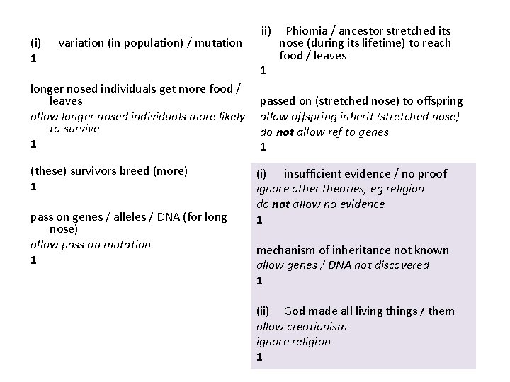 (i) variation (in population) / mutation 1 longer nosed individuals get more food /