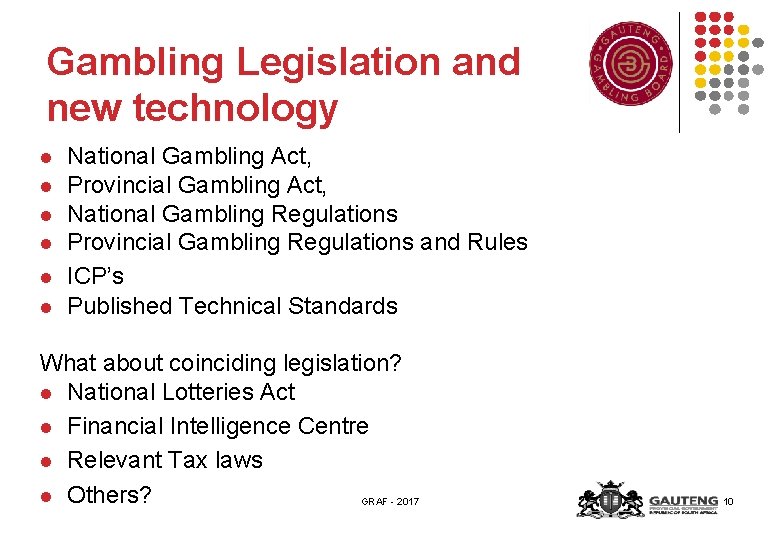 Gambling Legislation and new technology l l l National Gambling Act, Provincial Gambling Act,