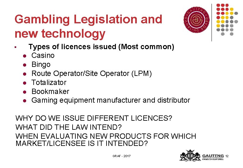 Gambling Legislation and new technology § Types of licences issued (Most common) l Casino