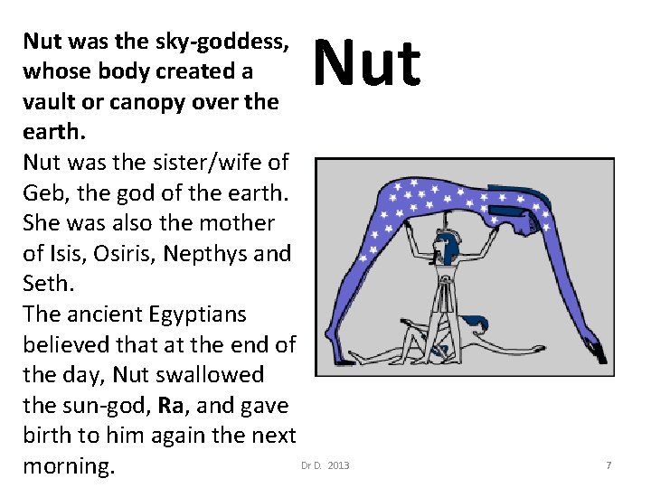 Nut was the sky-goddess, whose body created a vault or canopy over the earth.