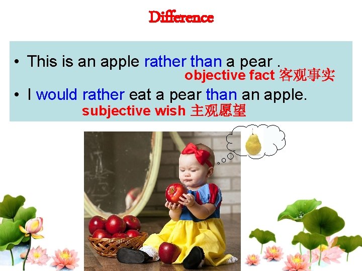 Difference • This is an apple rather than a pear. objective fact 客观事实 •