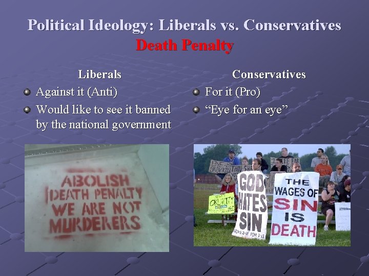 Political Ideology: Liberals vs. Conservatives Death Penalty Liberals Against it (Anti) Would like to
