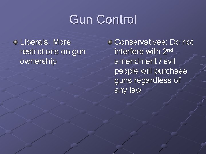 Gun Control Liberals: More restrictions on gun ownership Conservatives: Do not interfere with 2