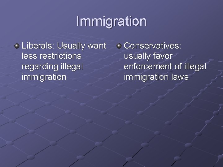 Immigration Liberals: Usually want less restrictions regarding illegal immigration Conservatives: usually favor enforcement of