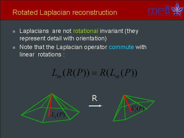 Rotated Laplacian reconstruction n n Laplacians are not rotational invariant (they represent detail with