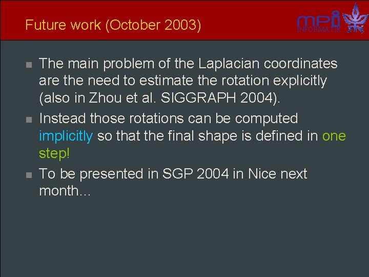 Future work (October 2003) n n n INFORMATIK The main problem of the Laplacian