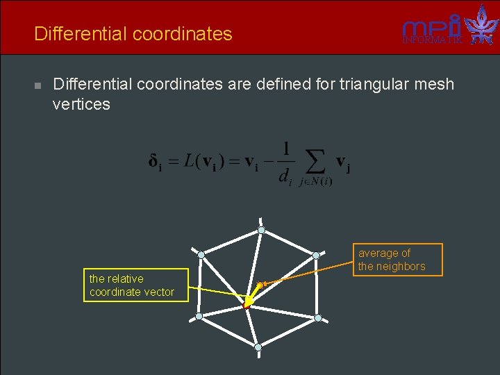 Differential coordinates n INFORMATIK Differential coordinates are defined for triangular mesh vertices the relative