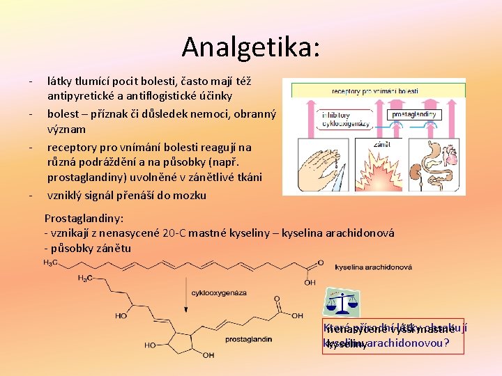 Analgetika: - - látky tlumící pocit bolesti, často mají též antipyretické a antiflogistické účinky