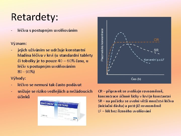 Retardety: - léčiva s postupným uvolňováním Význam: - jejich užíváním se udržuje konstantní hladina