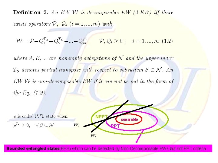 NPPT separable PPT Bounded entangled states(BES) which can be detected by Non-Decomposable EWs but