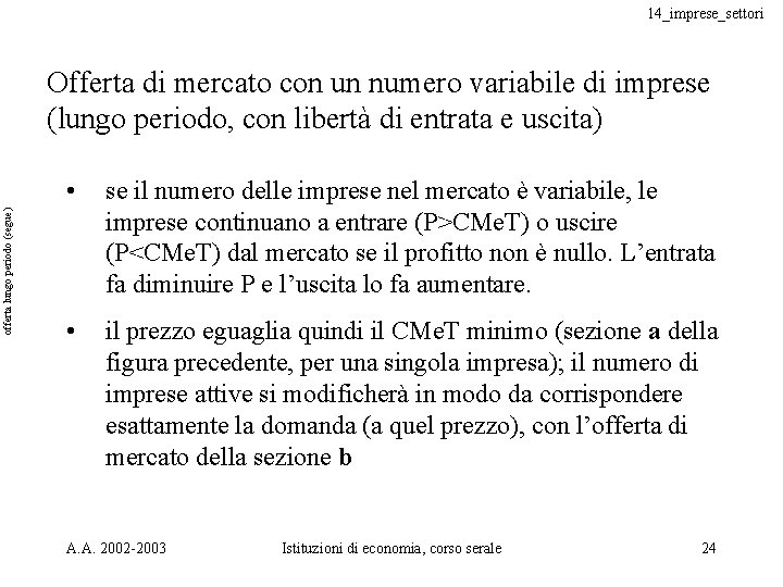 14_imprese_settori offerta lungo periodo (segue) Offerta di mercato con un numero variabile di imprese 14_imprese_settori offerta lungo periodo (segue) Offerta di mercato con un numero variabile di imprese
