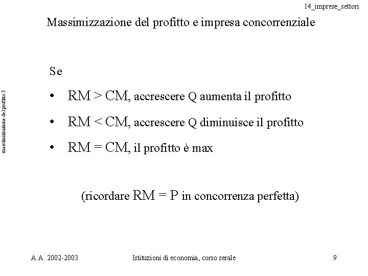 14_imprese_settori Massimizzazione del profitto e impresa concorrenziale massimizzazione del profitto 3 Se • RM 14_imprese_settori Massimizzazione del profitto e impresa concorrenziale massimizzazione del profitto 3 Se • RM