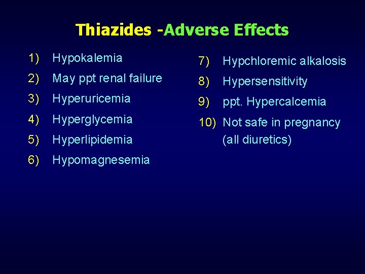 Thiazides -Adverse Effects 1) Hypokalemia 7) Hypchloremic alkalosis 2) May ppt renal failure 8)