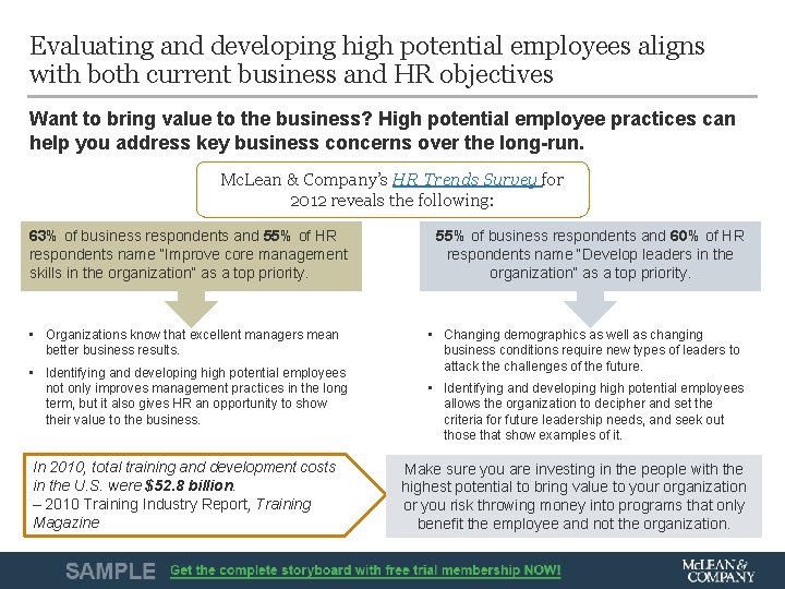 Evaluating and developing high potential employees aligns with both current business and HR objectives