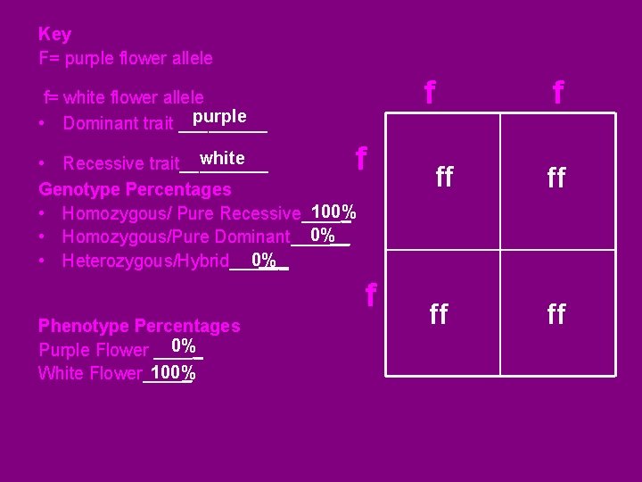 Key F= purple flower allele f f= white flower allele purple • Dominant trait