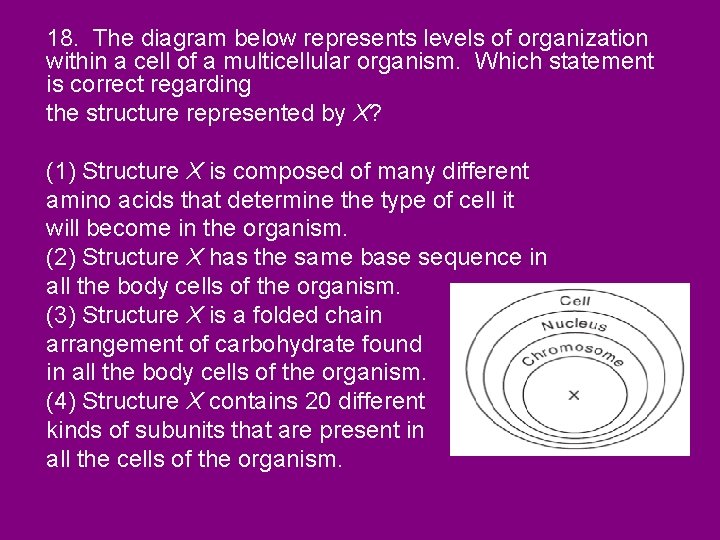18. The diagram below represents levels of organization within a cell of a multicellular