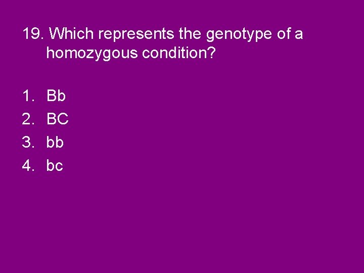 19. Which represents the genotype of a homozygous condition? 1. 2. 3. 4. Bb