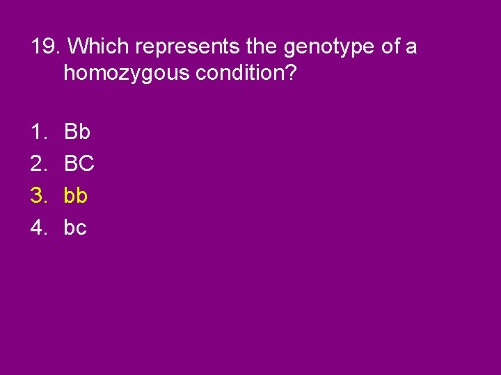 19. Which represents the genotype of a homozygous condition? 1. 2. 3. 4. Bb