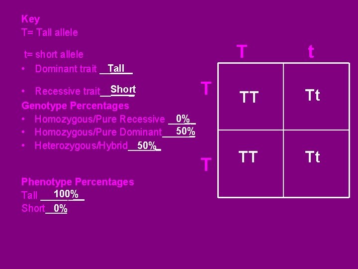 Key T= Tall allele t= short allele Tall • Dominant trait ______ • Recessive