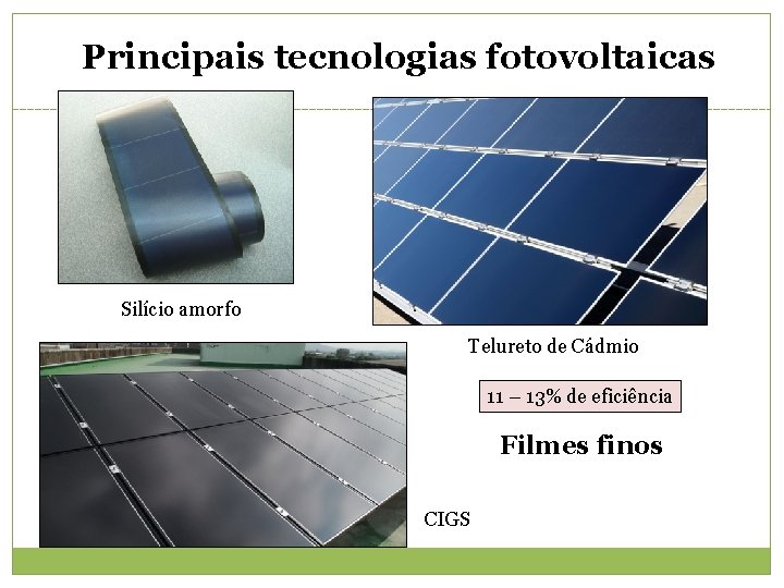 Principais tecnologias fotovoltaicas Silício amorfo Telureto de Cádmio 11 – 13% de eficiência Filmes