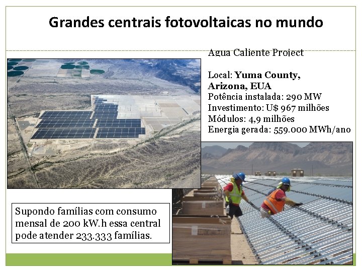 Grandes centrais fotovoltaicas no mundo Agua Caliente Project Local: Yuma County, Arizona, EUA Potência