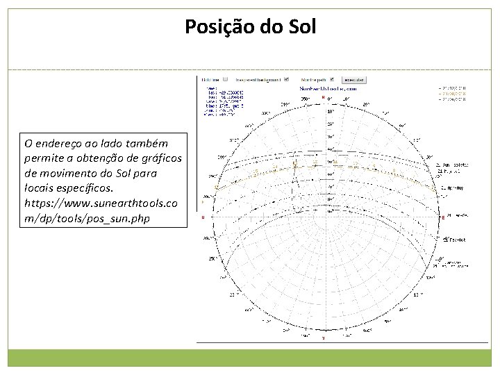 Posição do Sol O endereço ao lado também permite a obtenção de gráficos de