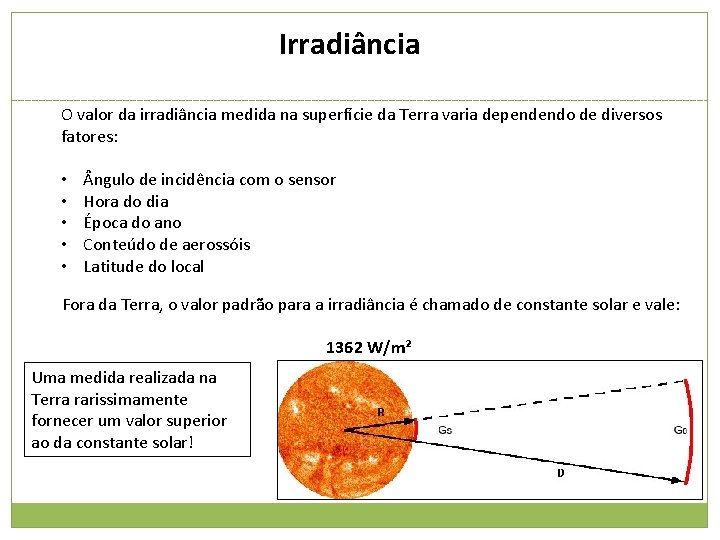 Irradiância O valor da irradiância medida na superfície da Terra varia dependendo de diversos