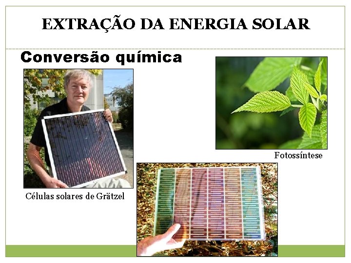 EXTRAÇÃO DA ENERGIA SOLAR Conversão química Fotossíntese Células solares de Grätzel 