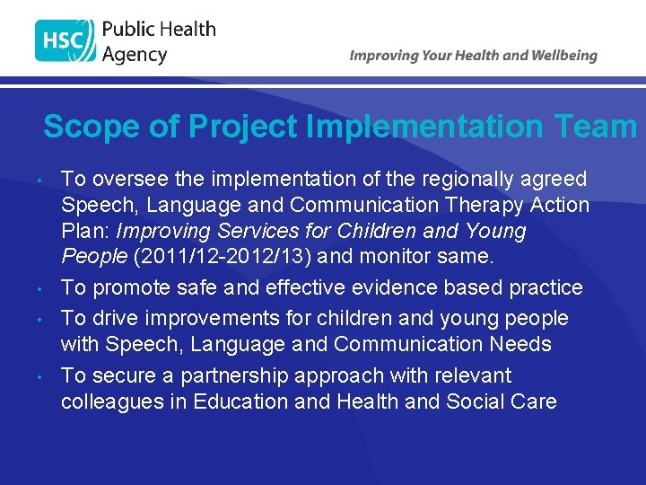 Scope of Project Implementation Team • • To oversee the implementation of the regionally
