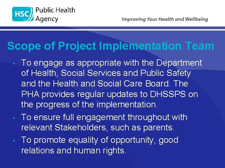 Scope of Project Implementation Team • • • To engage as appropriate with the