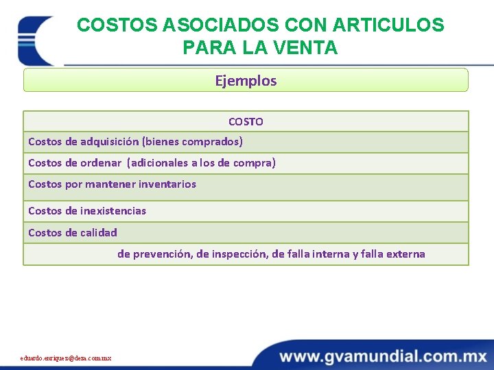 COSTOS ASOCIADOS CON ARTICULOS PARA LA VENTA Ejemplos COSTO Costos de adquisición (bienes comprados)