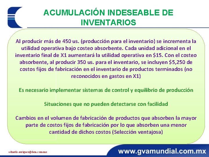 ACUMULACIÓN INDESEABLE DE INVENTARIOS Al producir más de 450 us. (producción para el inventario)