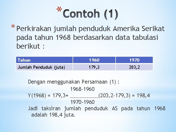 * * Perkirakan jumlah penduduk Amerika Serikat pada tahun 1968 berdasarkan data tabulasi berikut
