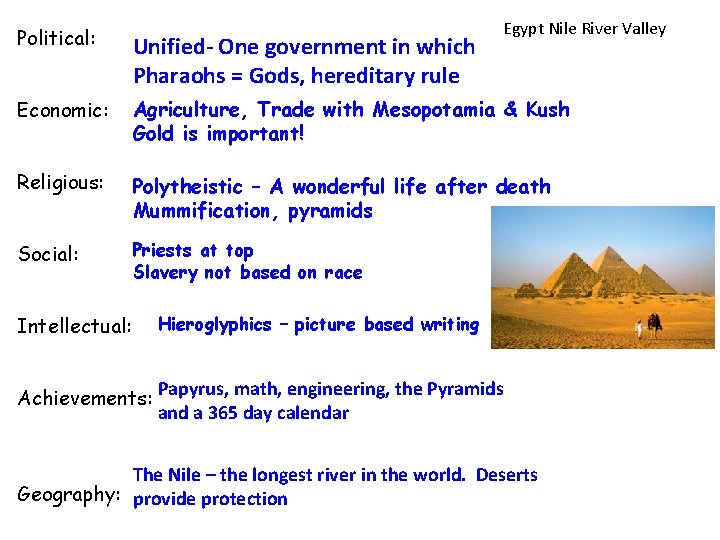 Egypt Nile River Valley Political: Unified- One government in which Pharaohs = Gods, hereditary