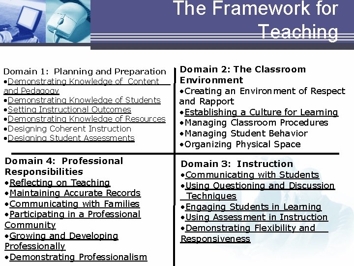 The Framework for Teaching Domain 1: Planning and Preparation • Demonstrating Knowledge of Content The Framework for Teaching Domain 1: Planning and Preparation • Demonstrating Knowledge of Content