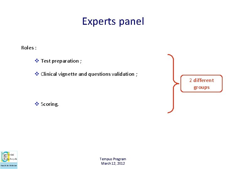 Experts panel Roles : v Test preparation ; v Clinical vignette and questions validation