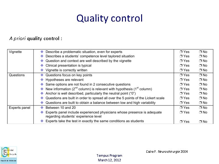 Quality control A priori quality control : Tempus Program March 12, 2012 Caire F.