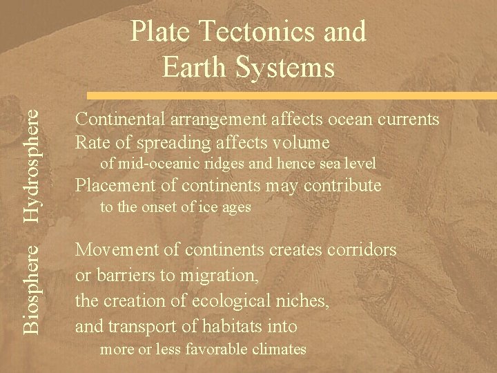 Hydrosphere Continental arrangement affects ocean currents Rate of spreading affects volume Biosphere Plate Tectonics