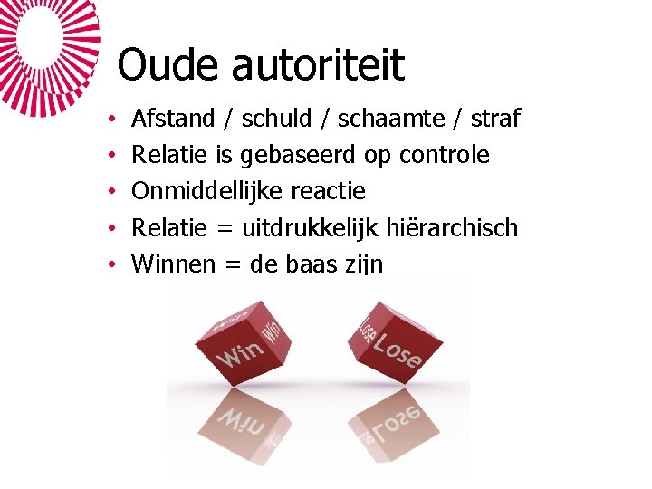 Oude autoriteit • • • Afstand / schuld / schaamte / straf Relatie is Oude autoriteit • • • Afstand / schuld / schaamte / straf Relatie is