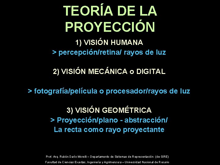 TEORÍA DE LA PROYECCIÓN 1) VISIÓN HUMANA > percepción/retina/ rayos de luz 2) VISIÓN