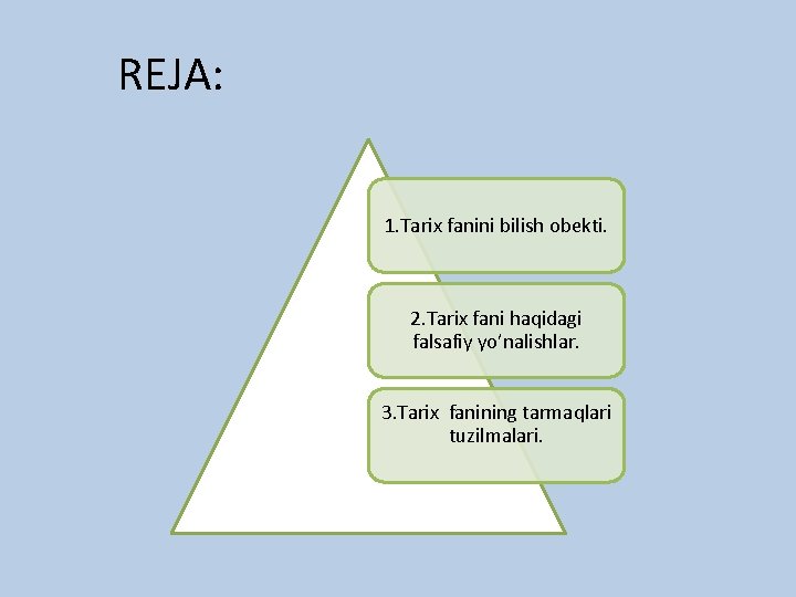 REJA: 1. Tarix fanini bilish obekti. 2. Tarix fani haqidagi falsafiy yo’nalishlar. 3. Tarix