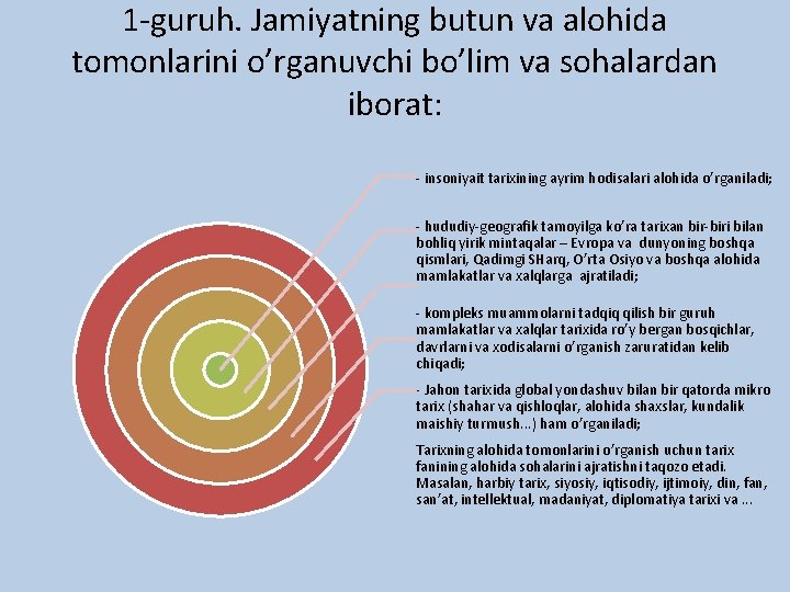 1 -guruh. Jamiyatning butun va alohida tomonlarini o’rganuvchi bo’lim va sohalardan iborat: - insoniyait