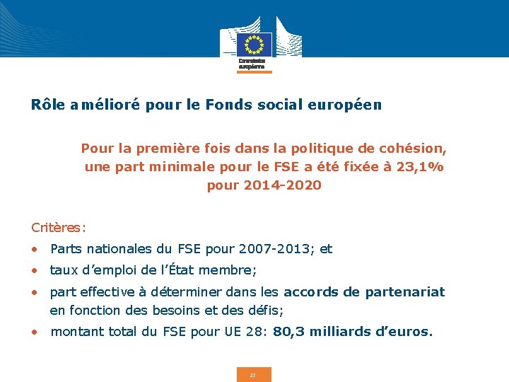 Rôle amélioré pour le Fonds social européen Pour la première fois dans la politique