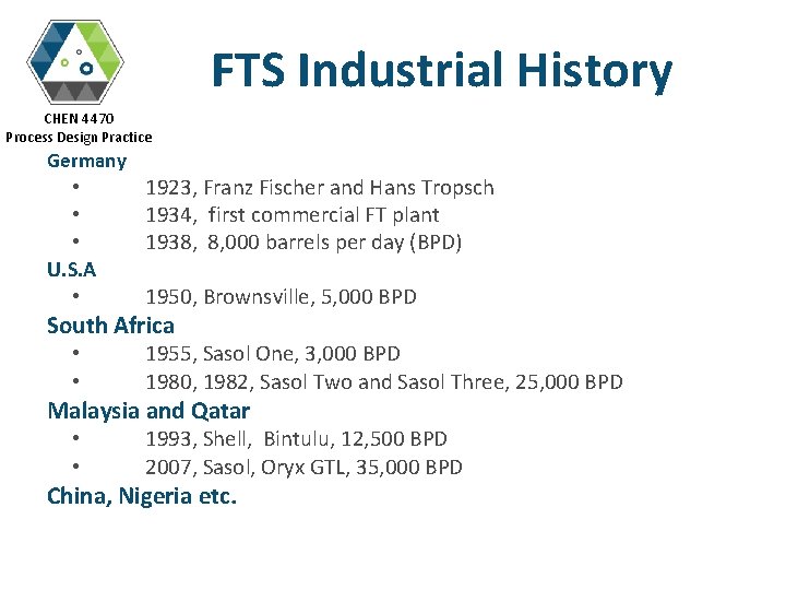 FTS Industrial History CHEN 4470 Process Design Practice Germany • • • U. S.