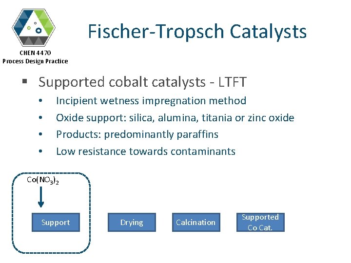 Fischer-Tropsch Catalysts CHEN 4470 Process Design Practice § Supported cobalt catalysts - LTFT •