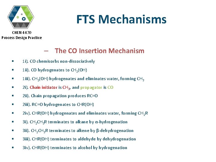 FTS Mechanisms CHEN 4470 Process Design Practice – The CO Insertion Mechanism § 1