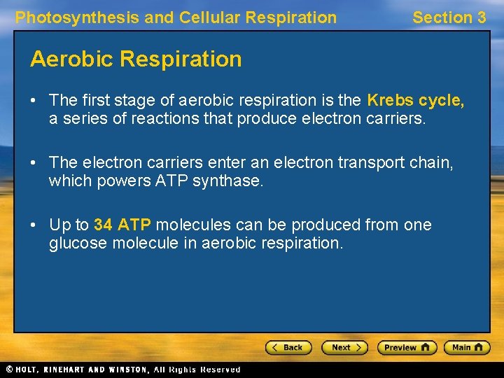 Photosynthesis and Cellular Respiration Section 3 Aerobic Respiration • The first stage of aerobic