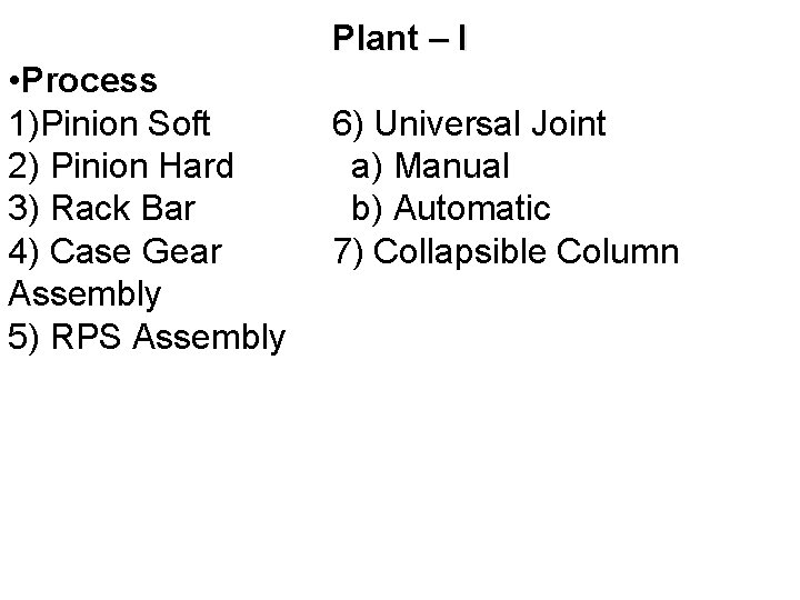 Plant – I • Process 1)Pinion Soft 2) Pinion Hard 3) Rack Bar 4)